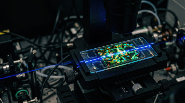 Medical technology microfluidic chip with fluorescent neural culture microscope showing glowing network and precision imaging