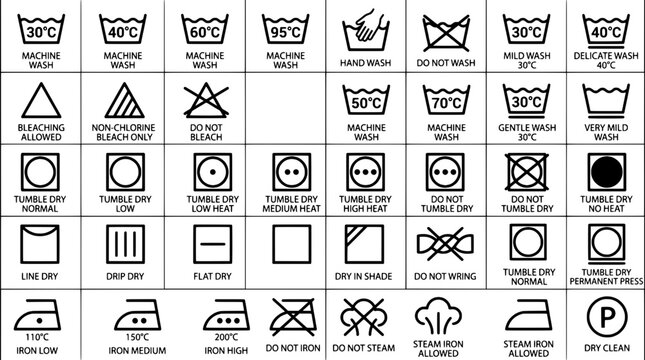 Laundry symbols set with washing and drying instructions for clothing care featuring machine wash, hand wash, do not wash with bleaching allowed and