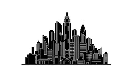 Fototapeta premium Black and white city skyline silhouette with detailed skyscrapers