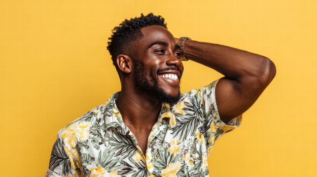 Happy Black man smiling with his hand on his head against a yellow background.