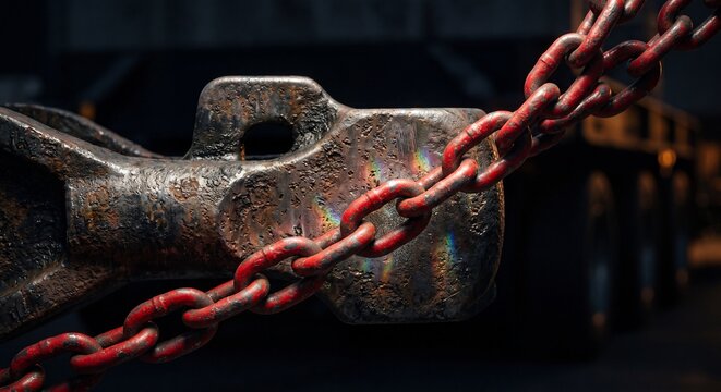 Hyper-realistic macro close-up of heavy-duty oversized load trailer hitch coupling