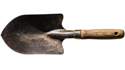 Old metal shovel with weathered wooden handle, isolated on transparent background © Elena