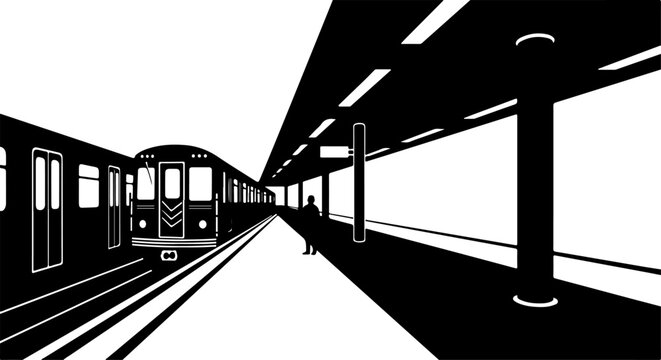 Subway station, train platform, urban transit, black and white illustration, vector graphics