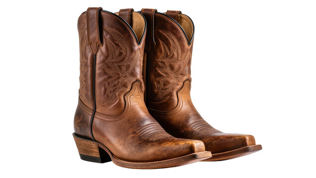 Brown leather cowboy boots with intricate stitching, isolated on transparent background