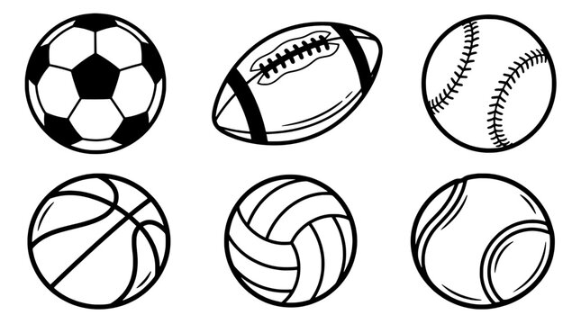 Sports balls set with soccer, football, baseball, volleyball, and tennis ball icons in clean monochrome style