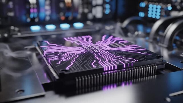 High performance CPU chip with glowing AI neural circuit.