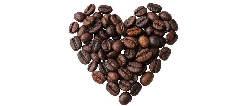 Heart shape formed by roasted coffee beans, isolated on transparent background