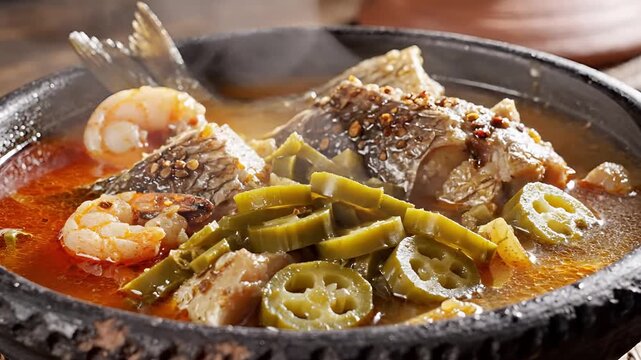 Delicious Seafood Stew with Fish and Shrimp in a Rich Broth.