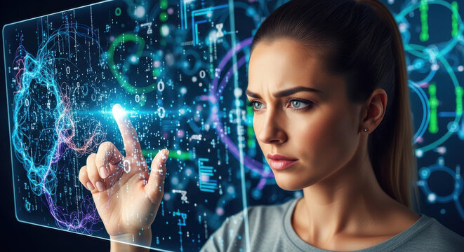 A focused woman in a gray shirt interacts with a futuristic, holographic interface displaying intricate networks of data and binary code.