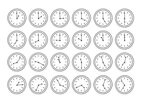Analog Clock Set for Learning Time, Educational Worksheet Collection, Black and White Vector