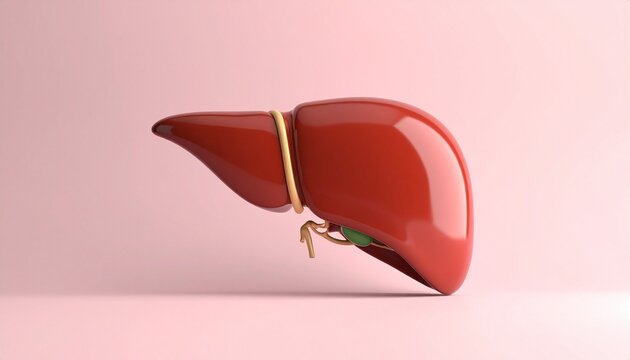 "Anatomical 3D liver model, reddish‑brown glossy surface, gallbladder visible, minimalistic medical visualization on muted pink background."