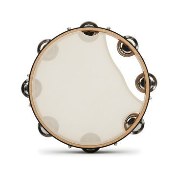 Wooden Tambourine Percussion Instrument with Metal Jingles Isolated on White Background