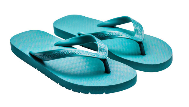 Pair of teal rubber flip-flops with textured straps, isolated on transparent background