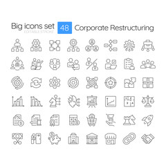 Obraz na płótnie Canvas Corporate restructuring line icons set. Enterprise operational frameworks. Company workflow strategic solutions. Isolated vector outline illustrations. Thin lineart iconset symbols. Editable stroke