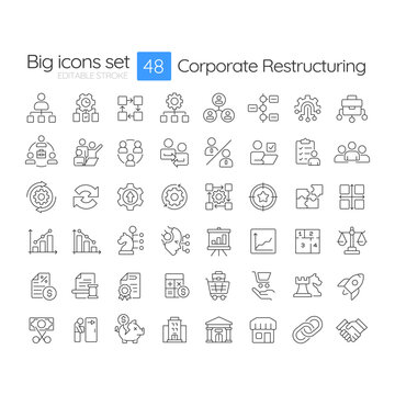 Corporate restructuring line icons set. Enterprise operational frameworks. Company workflow strategic solutions. Isolated vector outline illustrations. Thin lineart iconset symbols. Editable stroke