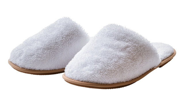 Fluffy white terry cloth slippers with brown soles, isolated on transparent background