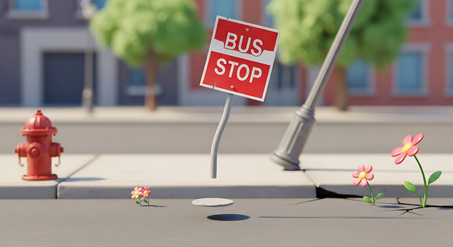 A stylized urban street scene featuring a red fire hydrant, a floating 'bus stop' sign, and small flowers growing through cracks in the sidewalk, all rendered in a charming