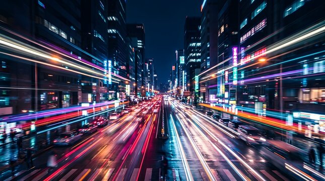 Nighttime city street view with long exposure light trails from moving traffic in urban downtown