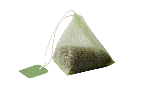 Green pyramid tea bag with string and tag, isolated on transparent background