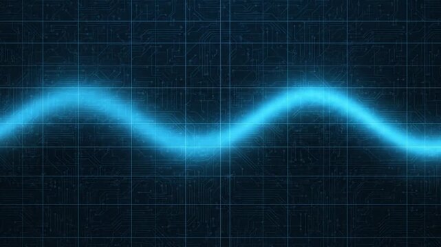 Glowing blue wave line moving on dark grid background, abstract digital signal, sound waveform, data analytics, technology chart, futuristic interface and cyber motion video
