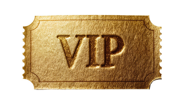 Golden VIP ticket with embossed lettering, isolated on transparent background