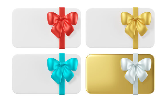 3d Gift card with a blue, red, gold bow and ribbon on a white card and white bow on a gold card. Elegant birthday present template for holiday shopping, discounts, vouchers, invitations. 3d render
