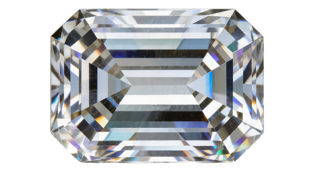 Emerald cut diamond with precise facets reflecting light, isolated on transparent background