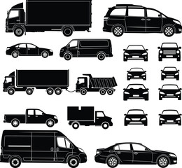 Obraz premium Commercial Vehicle Silhouette Collection With Cars Vans Trucks And Transport Icons Isolated Vector Illustration Set