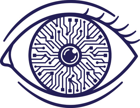 Digital eye with circuit board iris isolated on transparent background
