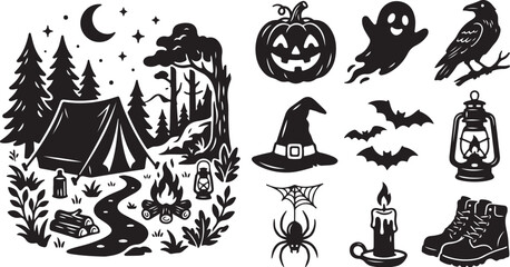 Obraz premium Halloween camping icons with spooky forest scene elements