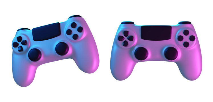 Set of 3d Gaming Controller, isolated on background. Gamepad with buttons and joysticks with vibrant neon lighting for video games, e-sports, console entertainment. 3D render
