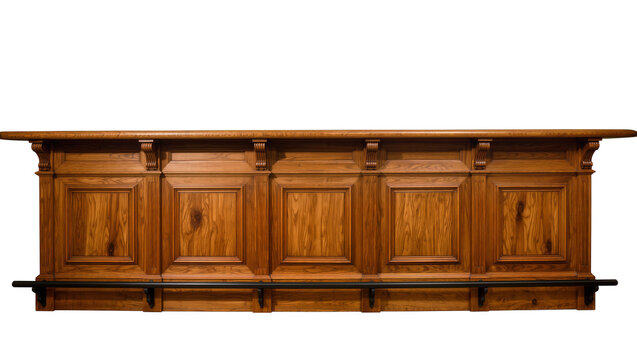 Ornate wooden bar counter with carved details, isolated on transparent background