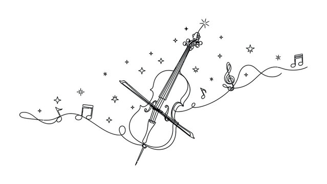 Continuous line drawing of a cello instrument with musical notes and stars.