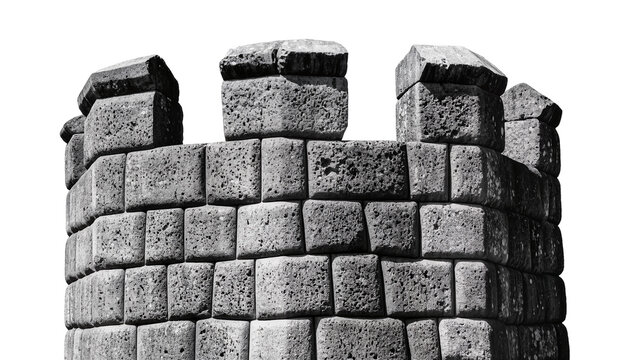 Ancient stone castle battlement with crenellations, isolated on transparent background