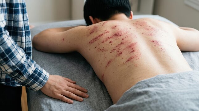 Back view of a person receiving a gua sha treatment on their back
