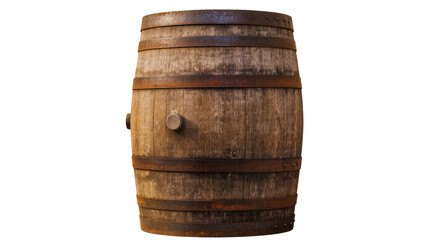 Fototapeta premium Weathered wooden barrel with metal hoops, isolated on transparent background