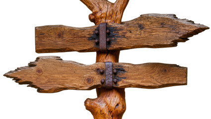 Rustic wooden directional signpost with rusty metal bands, isolated on transparent background © Elena