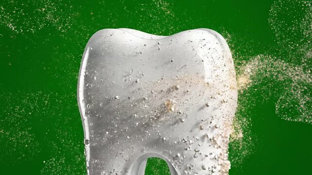 Close-Up View Of Tooth Being Brushed With Sparkling Foam On Solid Green Background Illustrating Dental Hygiene Concepts