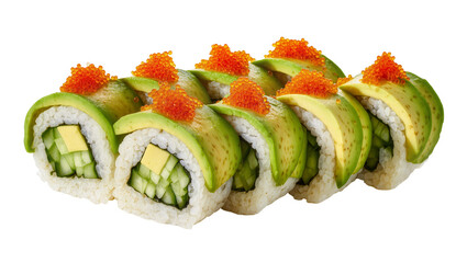 Fresh avocado and cucumber sushi rolls with orange tobiko, isolated on transparent background © Elena