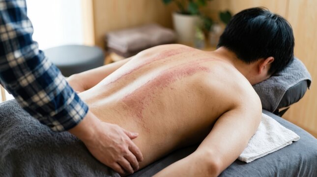 Gua sha treatment on a mans back in a massage therapy clinic