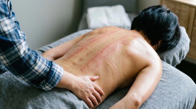 Professional back massage therapy session with cupping and gua sha