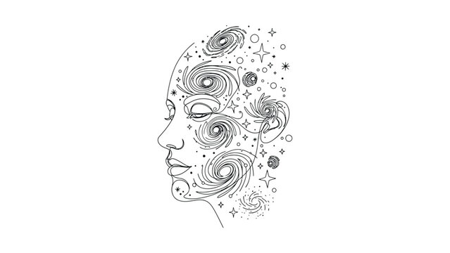 Abstract illustration of a human face filled with cosmic galaxies and stars.