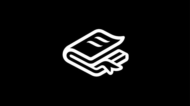 White Line Art Book Icon with Bookmark on Black Background for Education, Learning, Study & Knowledge.