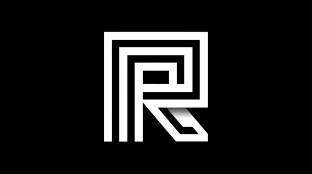 Modern Geometric Letter R Monogram Design. Abstract White Alphabet Initial on Black Background. Stylized Graphic Element for Branding.