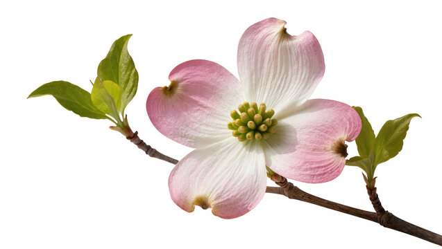 Pink and white dogwood flower with green leaves, isolated on transparent background
