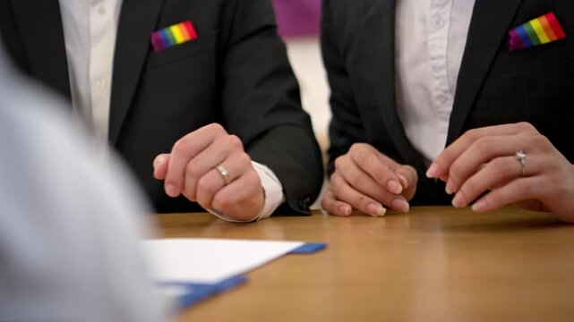 Same sex couple attending marriage registration meeting together with joyful expressions and rainbow Pride symbols