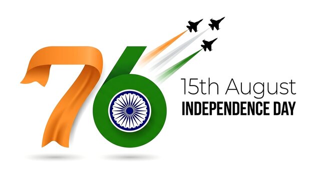 Minimalistic 76th India Independence Day graphic on a white background featuring typography, the Ashoka Chakra, and fighter jets leaving tricolor smoke trails.
