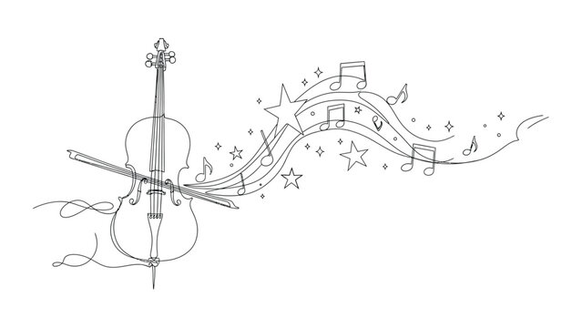 Elegant hand drawn sketch of a cello with musical notes and stars.