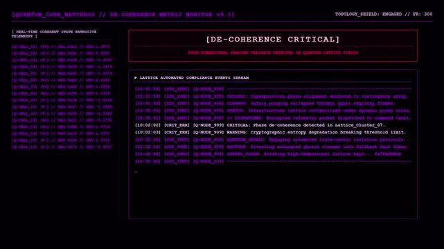 Quantum Computer Terminal UI Screen De Coherence Critical Error Animation.