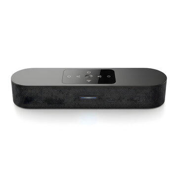 Modern Black Portable Bluetooth Speaker with Touch Controls and Wireless Connectivity Isolated on White Background